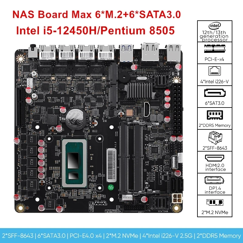 i5-12450H NAS Motherboard Pentium 8505 6-Bay 6*NVMe 6*SATA3.0 1*PCIEx4 Intel i226-V 2.5G DDR5 Firewall Router Mini ITX Mainboard