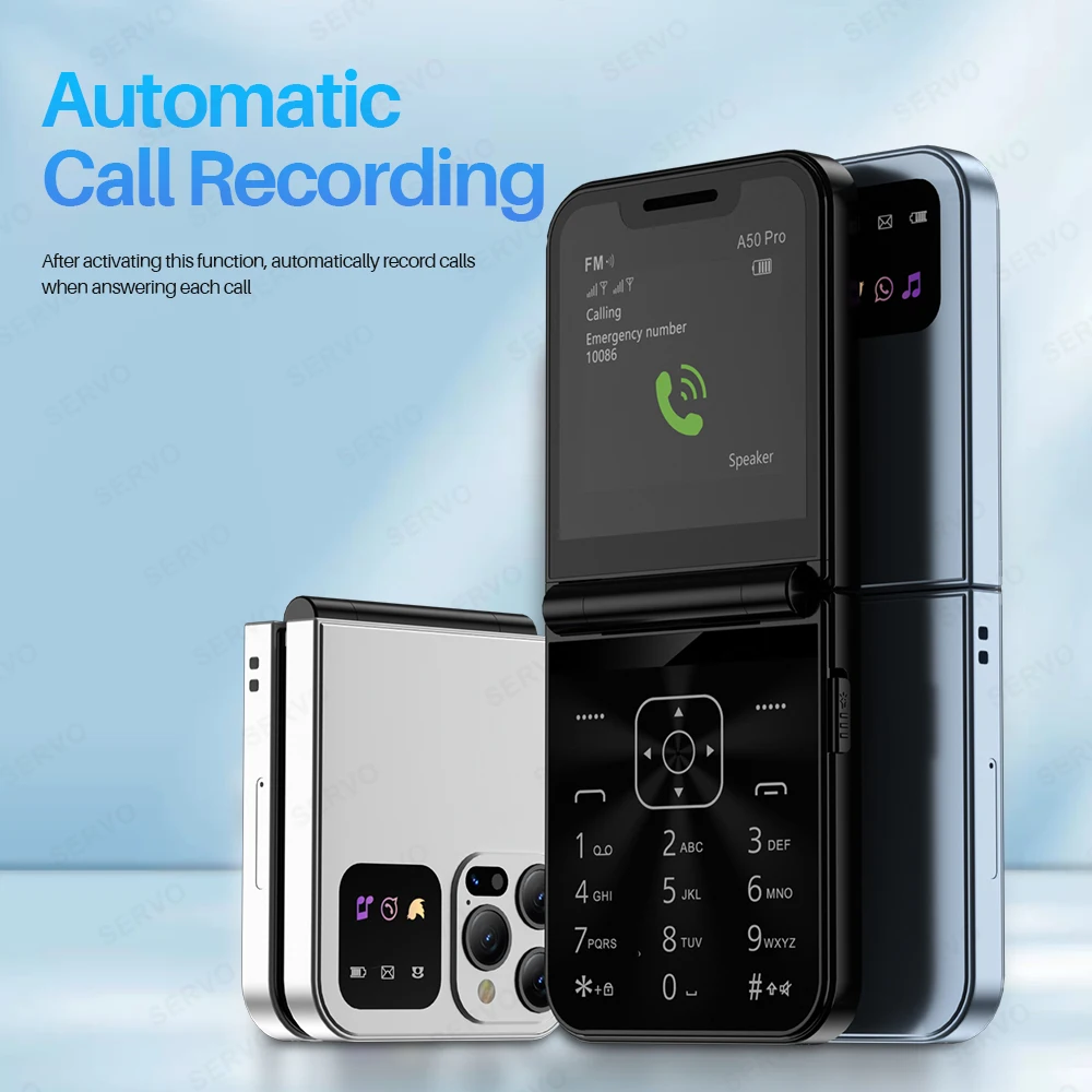โทรศัพท์มือถือพับได้ SERVO A50 PRO รองรับสองซิม บันทึกเสียงสนทนา โทรด่วน รายการดำ วิทยุ FM 2G GSM โทรศัพท์แบบกดปุ่ม