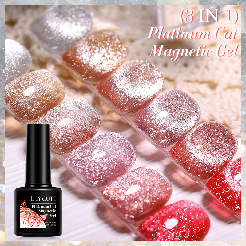 LILYCUTE 7ML 3 IN 1 Platinum Rose Gold Cat Magnetic Gel เล็บ Moonlight Magnetic Gel เคลือบเงา Glitter กึ่งถาวร UV เจล