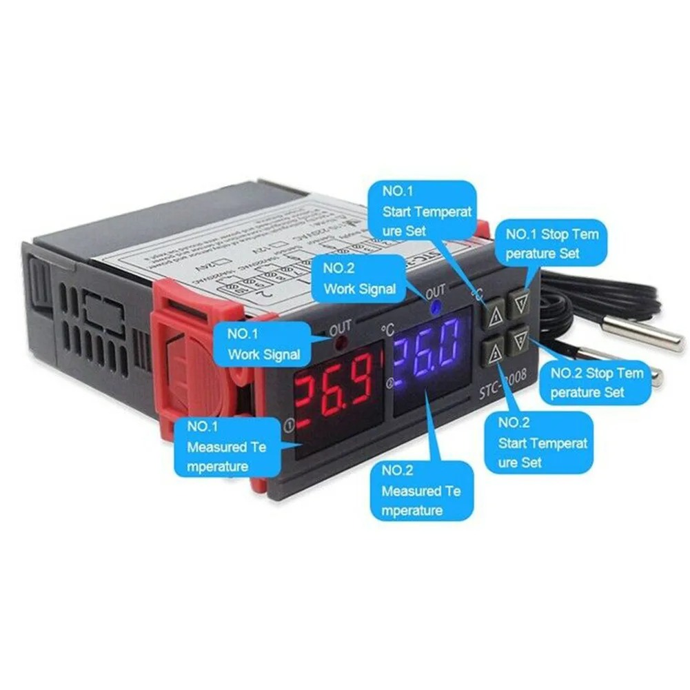 Dual Digital Temperature Controller Thermostat Thermoregulator Incubator Relay LED 12V24V 220V Heater Cooler Dual Probe STC-3008