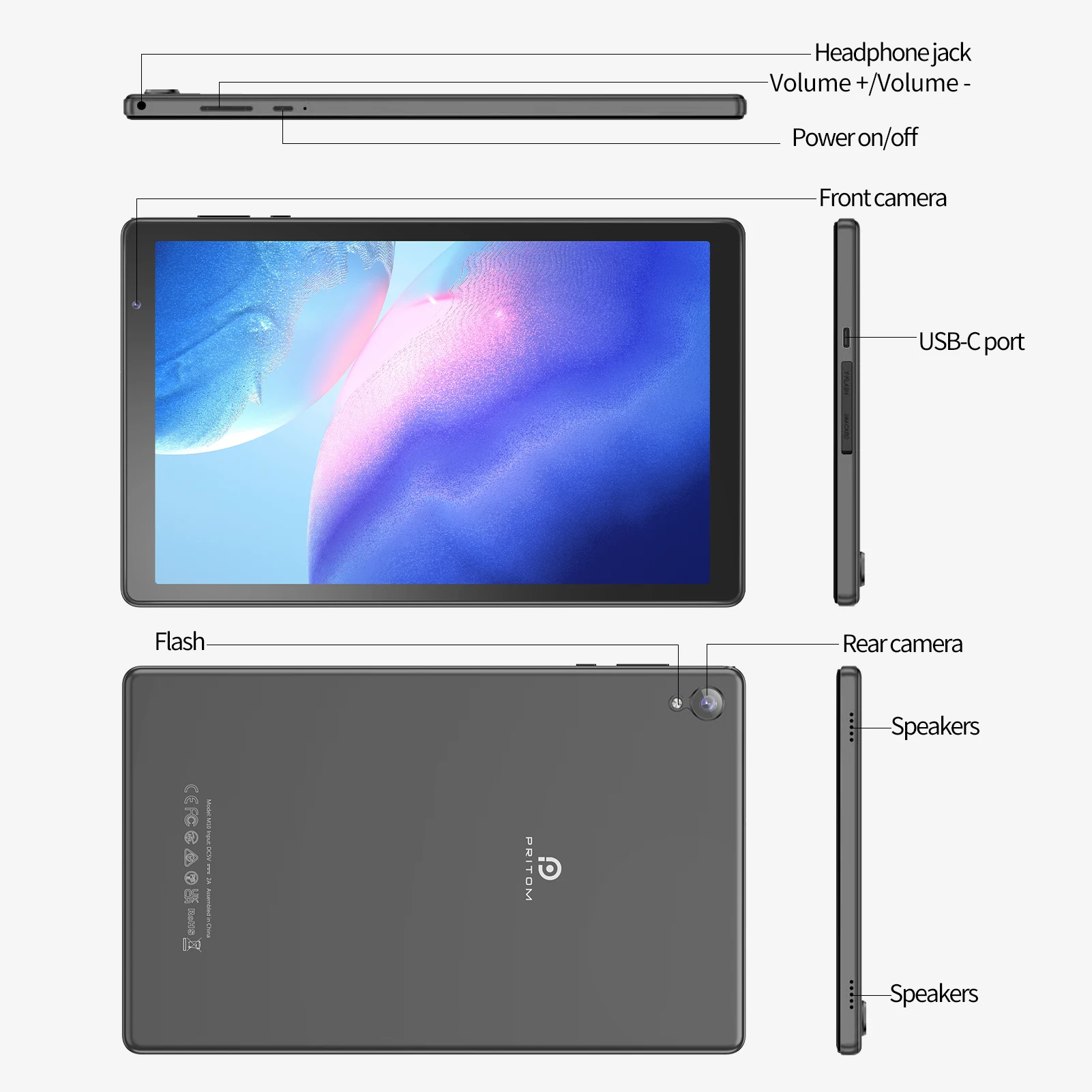 PRITOM Tablet 10 Zoll Android 12 32 GB ROM 512 GB Erweitern Sie Tablets, 2 GB RAM Wi-Fi 6 Tablet-PC mit 1,6 GHz Quad-Core-CPU, 10,1 Zoll