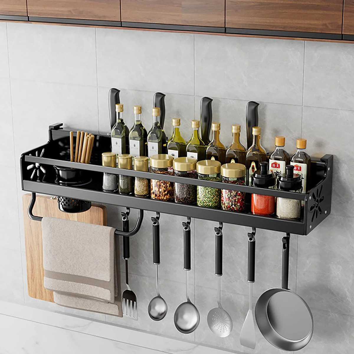Prateleira de cozinha de metal sem perfuração, armazenamento de grande capacidade, utensílios de cozinha, design de drenagem esquelética, fácil de limpar, preta