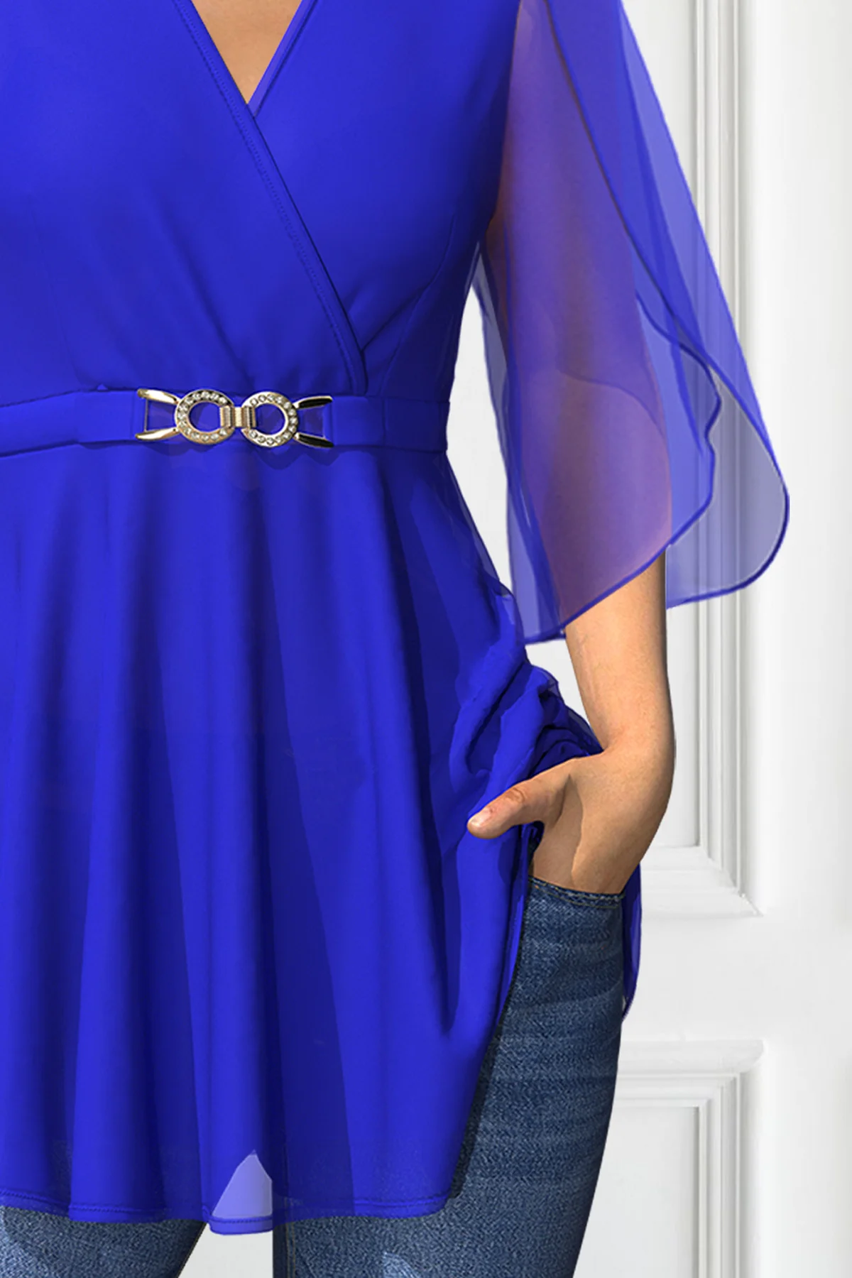 Frauen Chiffon T-shirt Halbe Hülse Split V-ausschnitt mit Gürtel Geraffte Casual Vintage Solide Blau Sommer Neue Mode T Top 2024