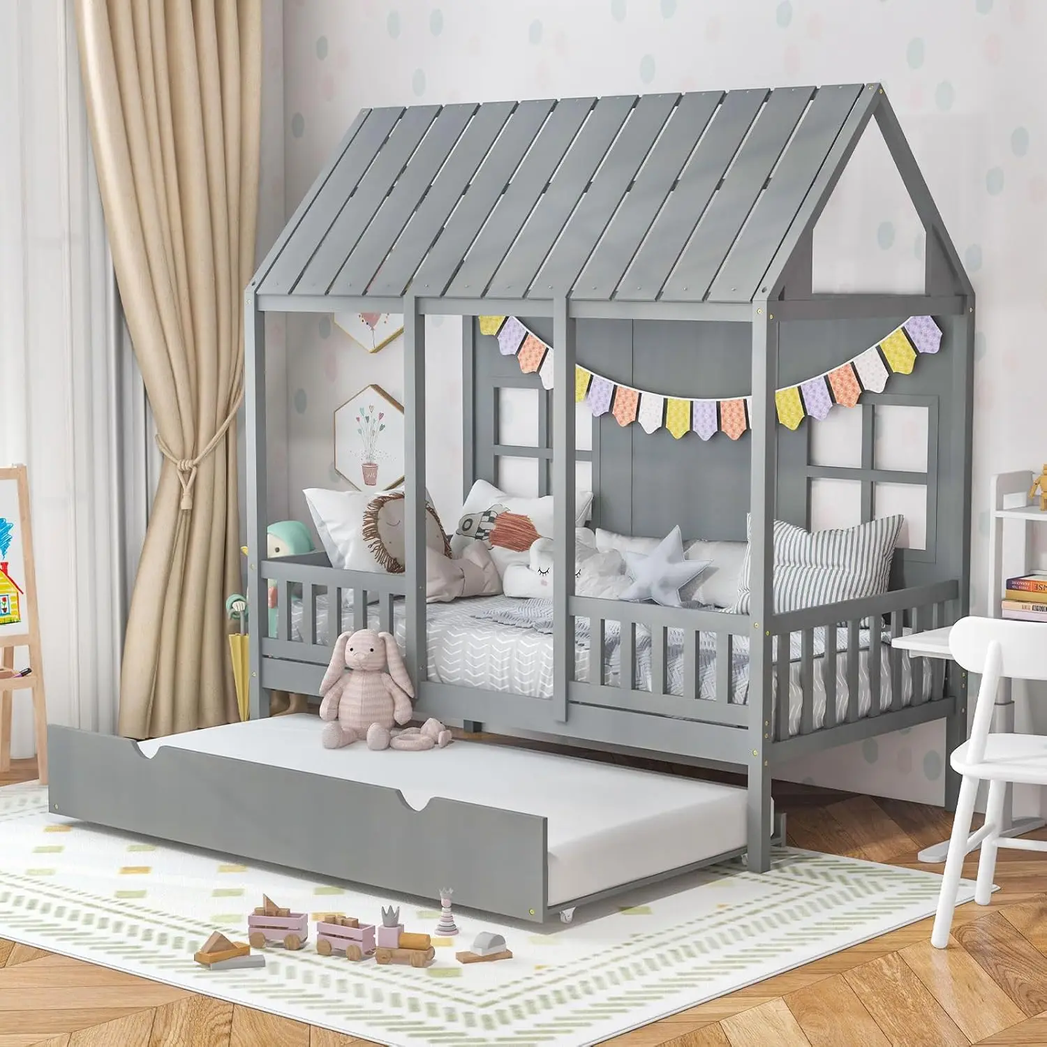 Twin House Bed with Trundle, Kids Bed Frame with 82" Tall Roof, Windows and Guardrail, Wooden Playhouse Bed for Teens Boys Girls