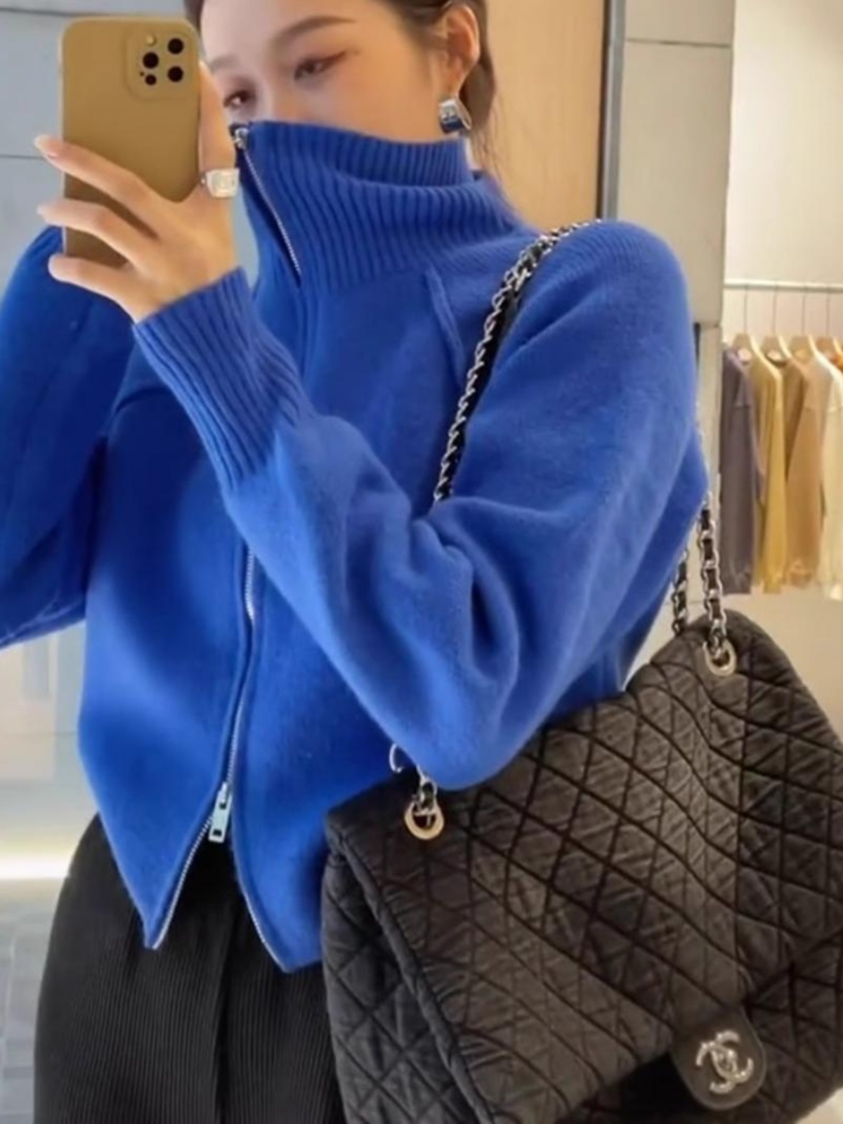 MD-ダブルジッパーニットアウター、ルーズトップ、モノクロ、秋冬ファッション