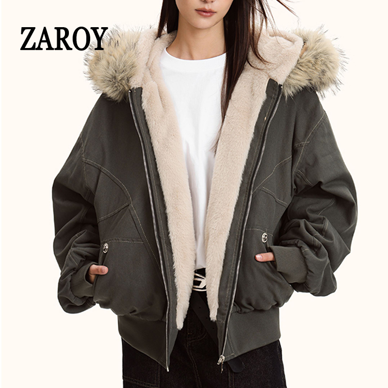 ZAROY Pelz Kragen Mit Kapuze Parkas Y2k Harajuku Verdicken Gepolsterte Jacken Casual Zipper Gothic Frauen & Männer Winter Mäntel Streetwear nde