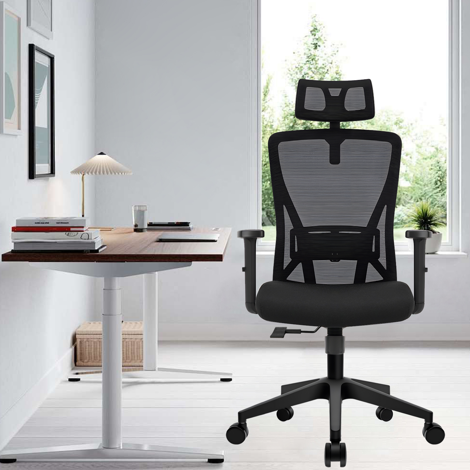 Silla de oficina ergonómica Durrafy, silla de trabajo giratoria con soporte lumbar ajustable y reposabrazos, para juegos de oficina en casa