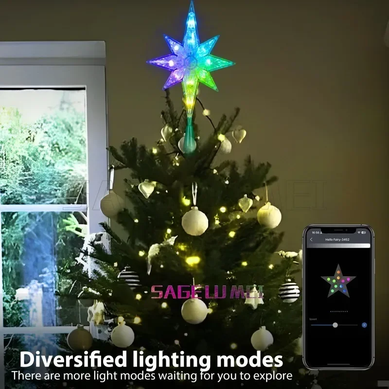 Christmas Tree Top Smart Christmas Tree Topper Star Octagonal Star DIY Music Sync Voice Remote APP Decor Holiday Xmas Tree Light