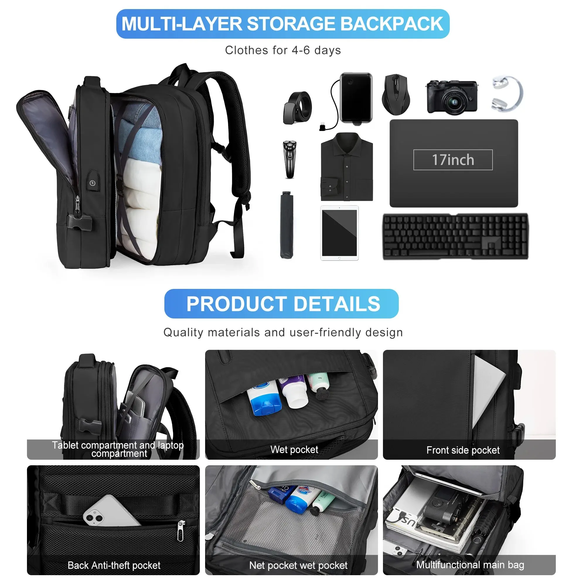 Mochila Likros para hombre, mochila de viaje de negocios, mochilas expandibles impermeables, bolsa para ordenador portátil de viajero de fin de semana de gran capacidad