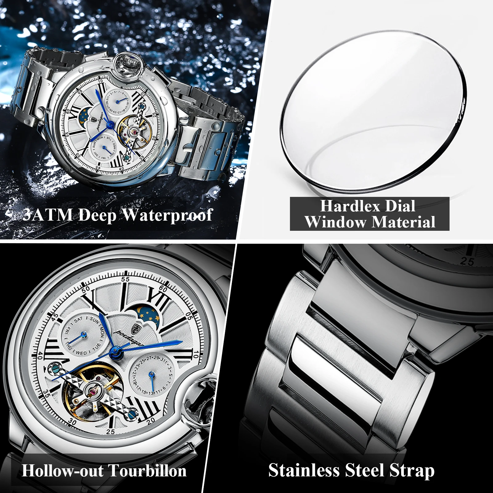 Reloj POEDAGAR de lujo para hombre, Tourbillon hueco, reloj mecánico automático para hombre, relojes impermeables con fecha y semana de acero inoxidable para hombre