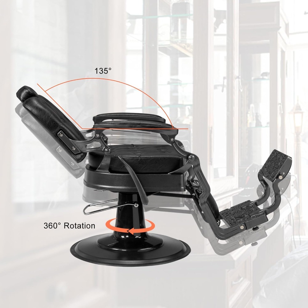 Heavy Duty Vintage Recline Barber Chair Hydraulic with Headrest, Supports up to 700lbs & 360°Rotatable, Professional Salon