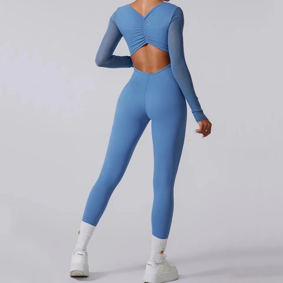 Nueva camisa de manga larga de malla con almohadilla, ropa deportiva para mujer, conjunto de Yoga, Legging de entrenamiento físico, mono de una pieza, mono deportivo para gimnasio