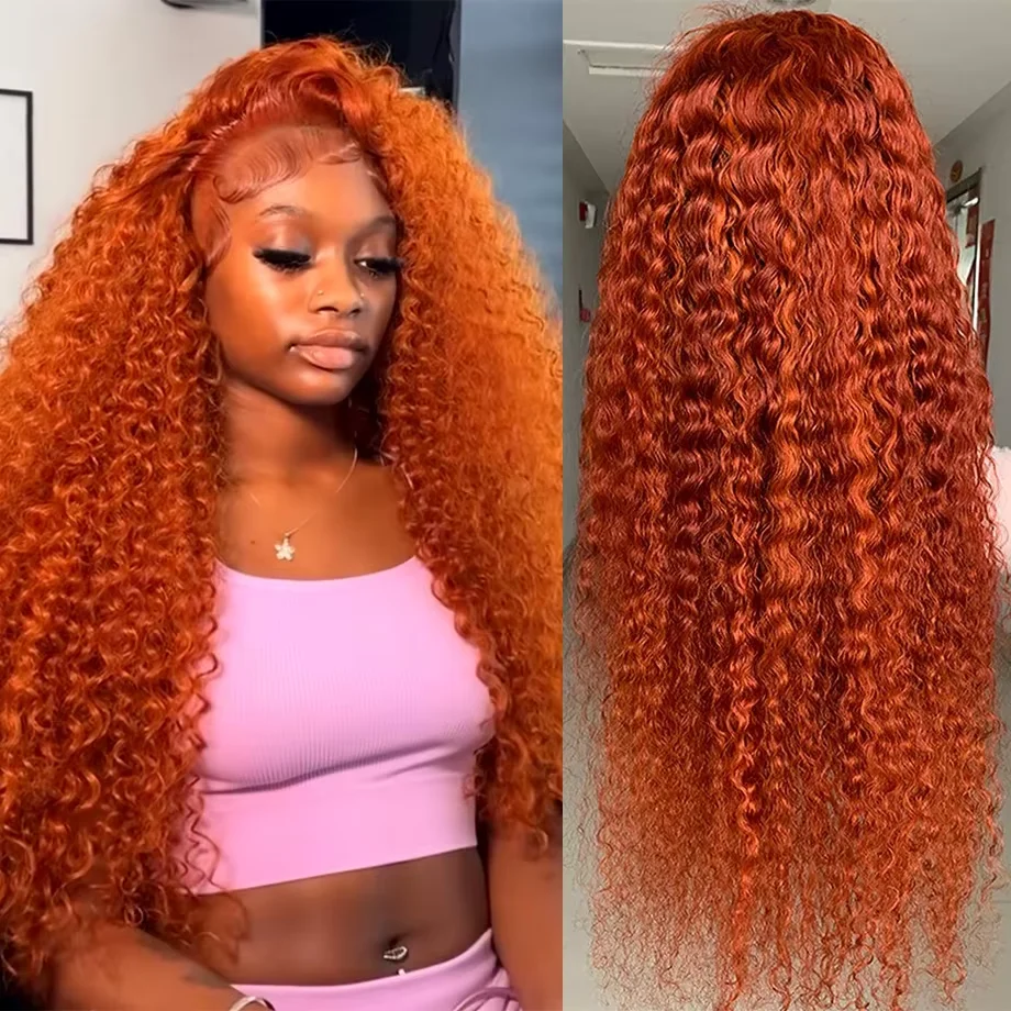 Color naranja Onda de agua 13x6 hd peluca de cabello humano frontal de encaje Preplucked onda profunda 30 pulgadas pelucas rizadas delanteras de encaje de jengibre en venta