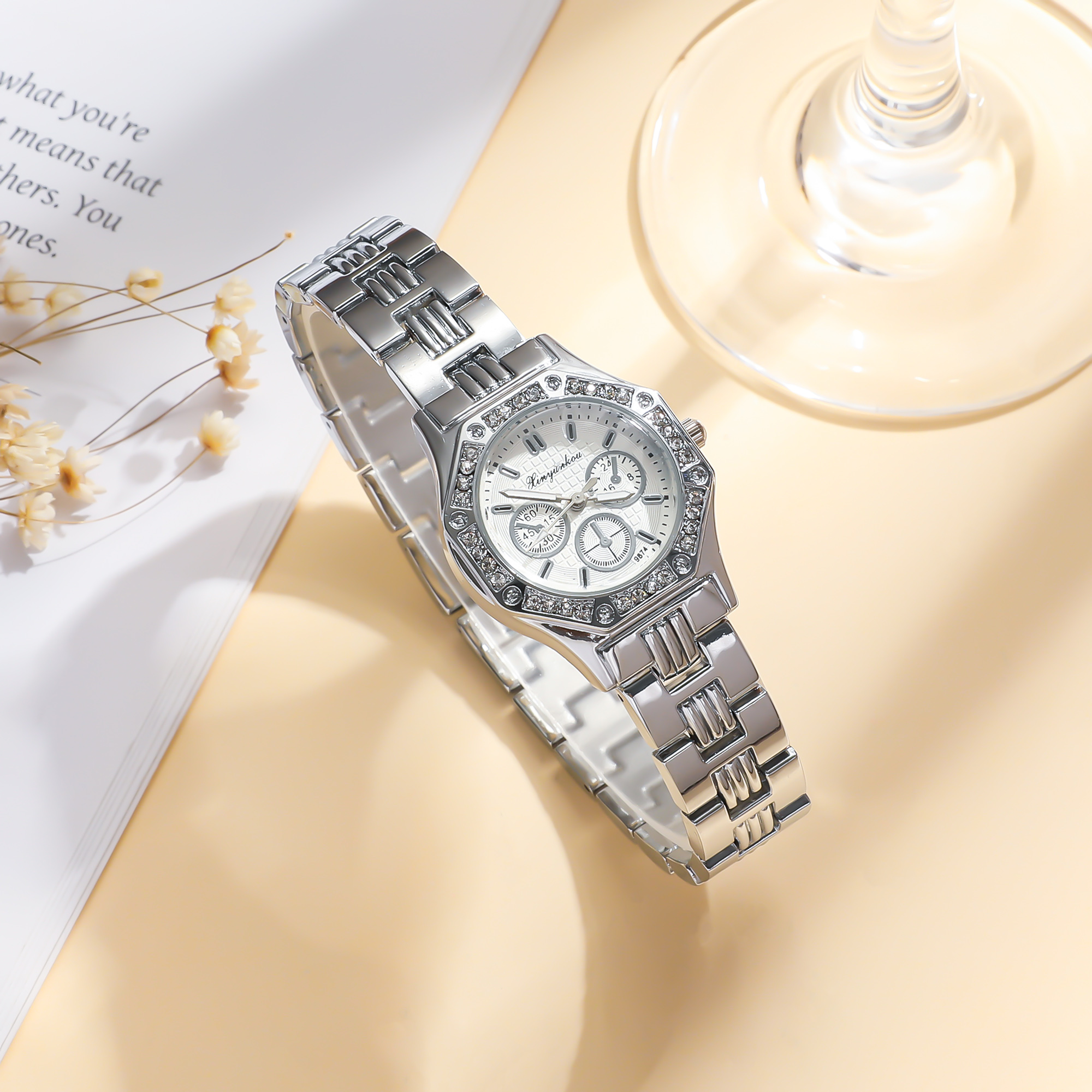 Relógio de quartzo romano quadrado feminino, cheio de cristais, cinto de aço, moda