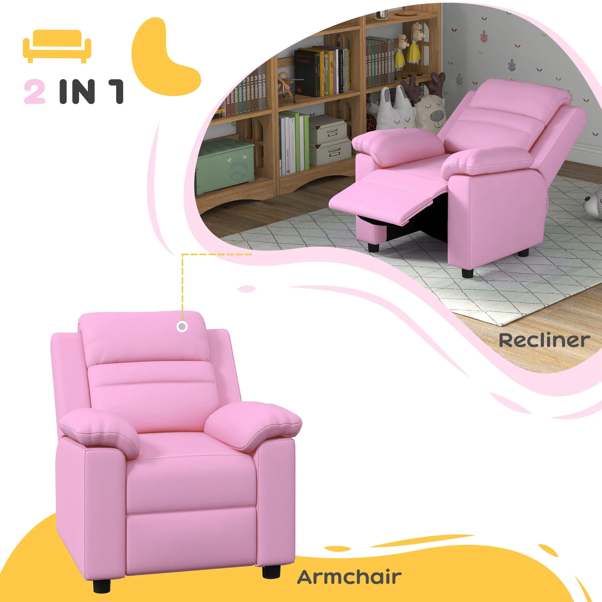 Kids Recliner Chair with Armrest, Footrest, Headrest, Pink