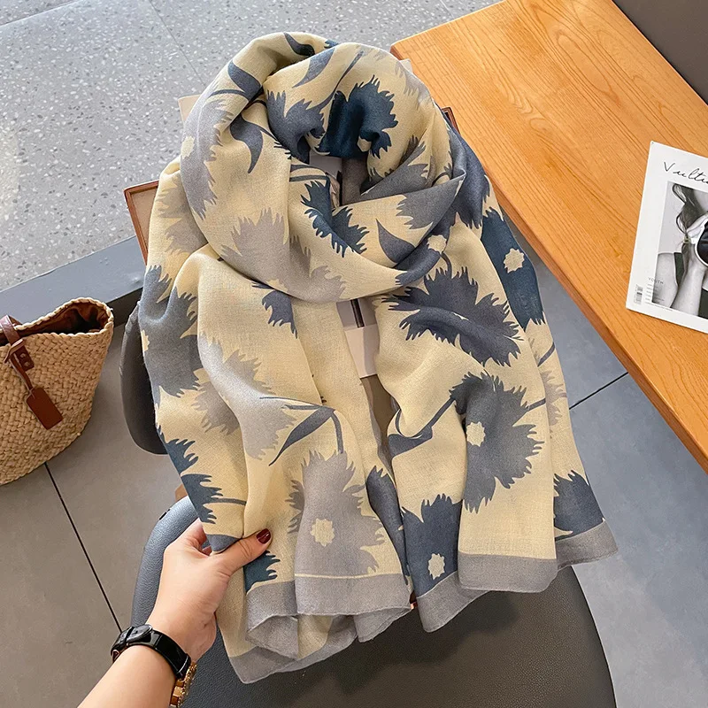 Bufandas florales de algodón y lino para mujer, bufandas azules suaves para madres, collares de chal de moda, primavera y otoño, nuevas