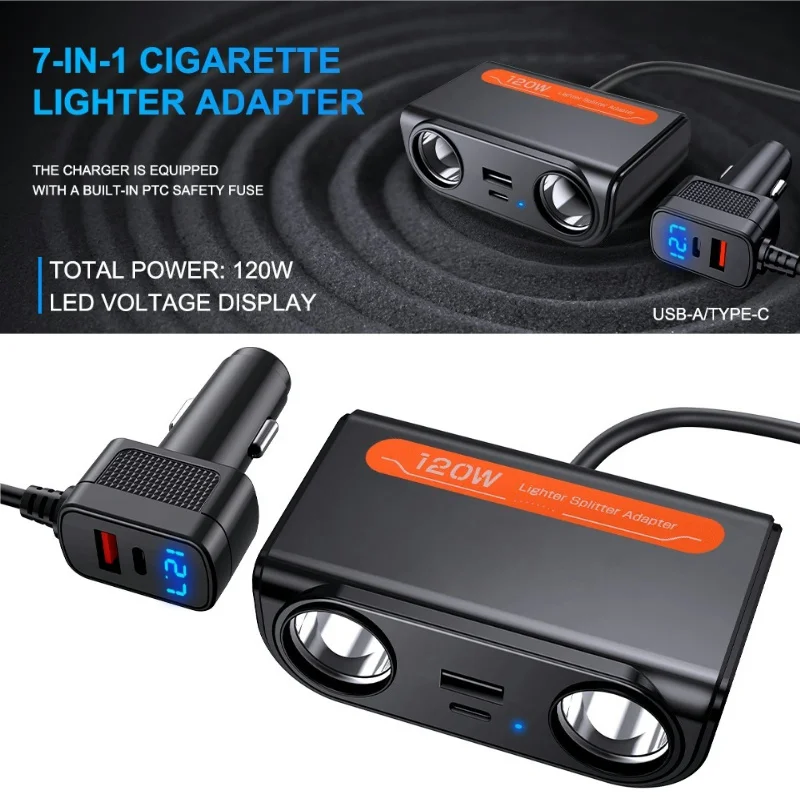 7-in-1-Autoladegerät-Adapter PD USB-Buchse Zigarettenanzünder Splitter Schnellladung mit LED-Voltmeter DC-Steckdose Autozubehör