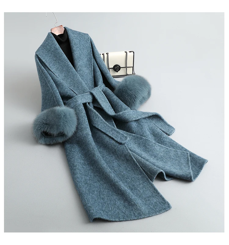 女性用ダブルフェイスウールコート,ロングウェア,キツネの毛皮のカフ付き,エレガントな服,ファッショナブルなジャケット,新しい2023
