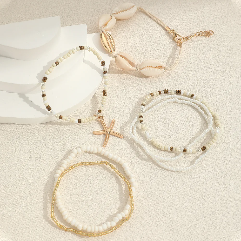 7 Uds. De dijes de concha de estilo playero, pulsera de cuerda, pulsera de hilo de cuentas de semillas para mujer, pulseras apilables de verano en el océano