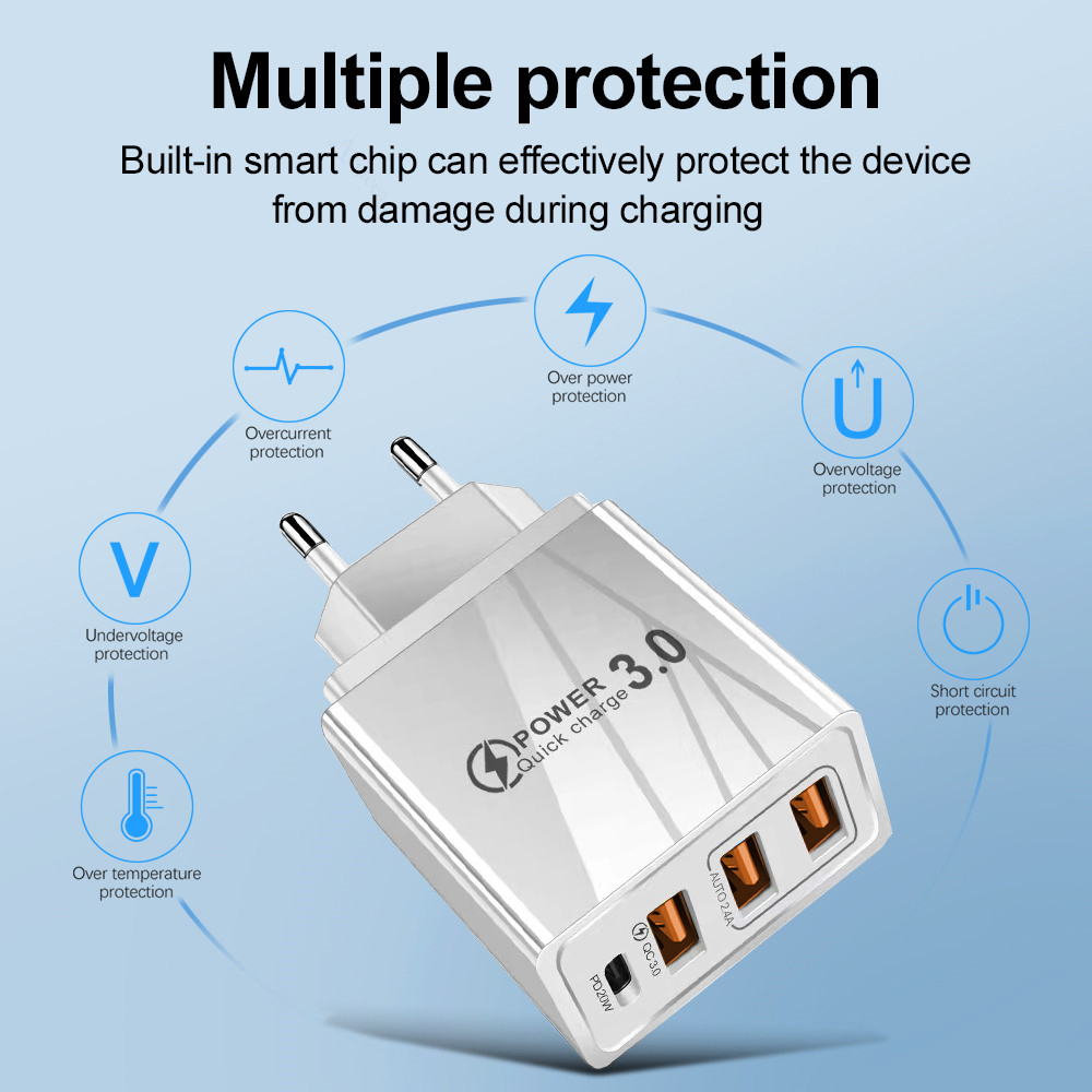48W USB QC 3.0 Charger Type C PD Fast Charge For iPhone 12 13 Max Samsung S21 Huawei Xiaomi Mobile Phone EU/US Plug Wall Charger