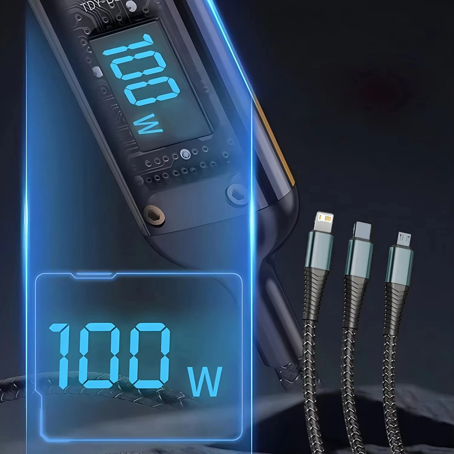 สายชาร์จเร็ว 3-in-1 USB 100W 6A สำหรับรถยนต์ ชาร์จ USB เป็น Type-C Micro และ LIGHTNING สำหรับ iPhone 16 15 14 13 Samsung Xiaomi Huawei
