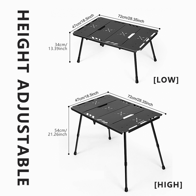 Westtune mesa dobrável portátil, altura ajustável, liga de alumínio, gancho tático, rack lateral, mesa para móveis internos e externos