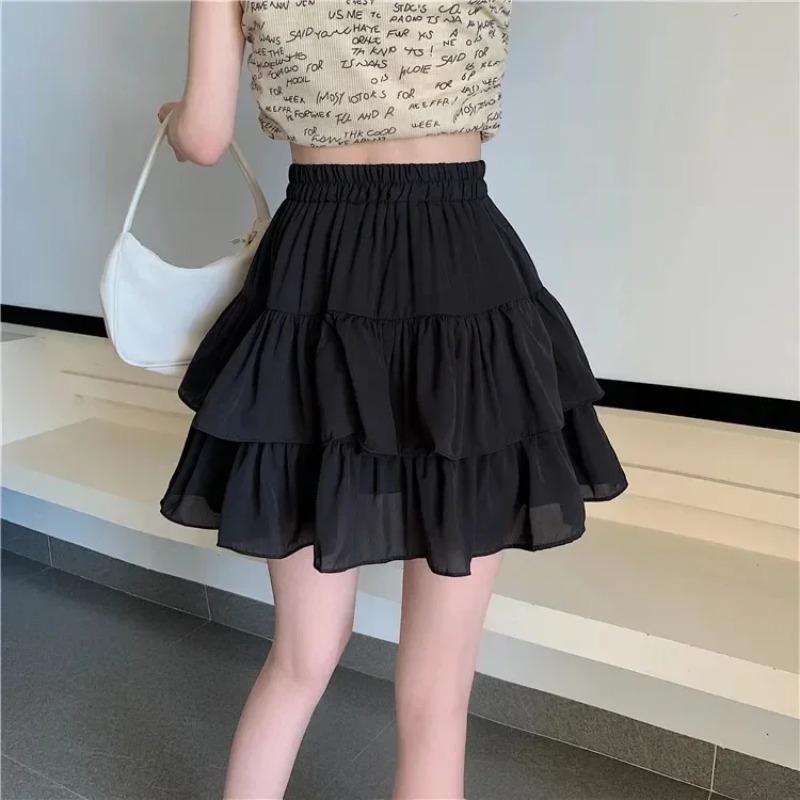 Mini saia de babados brancos para mulheres, cintura elástica, linha A, solta, estilo preppy, fofa, curta, plissada, moda coreana, kawaii