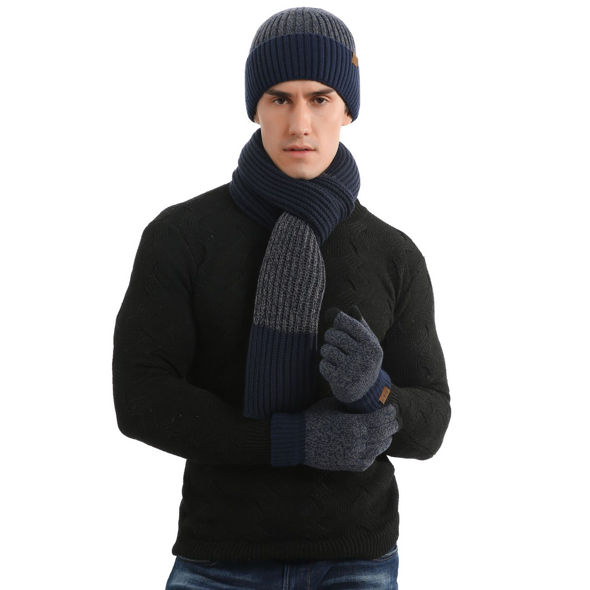 Conjunto para mantener el calor de otoño e invierno para hombre, gorro Unisex, guantes, bufanda, silenciador de punto de hilo de lana para hombre, sombrero de Color de contraste para primavera y otoño