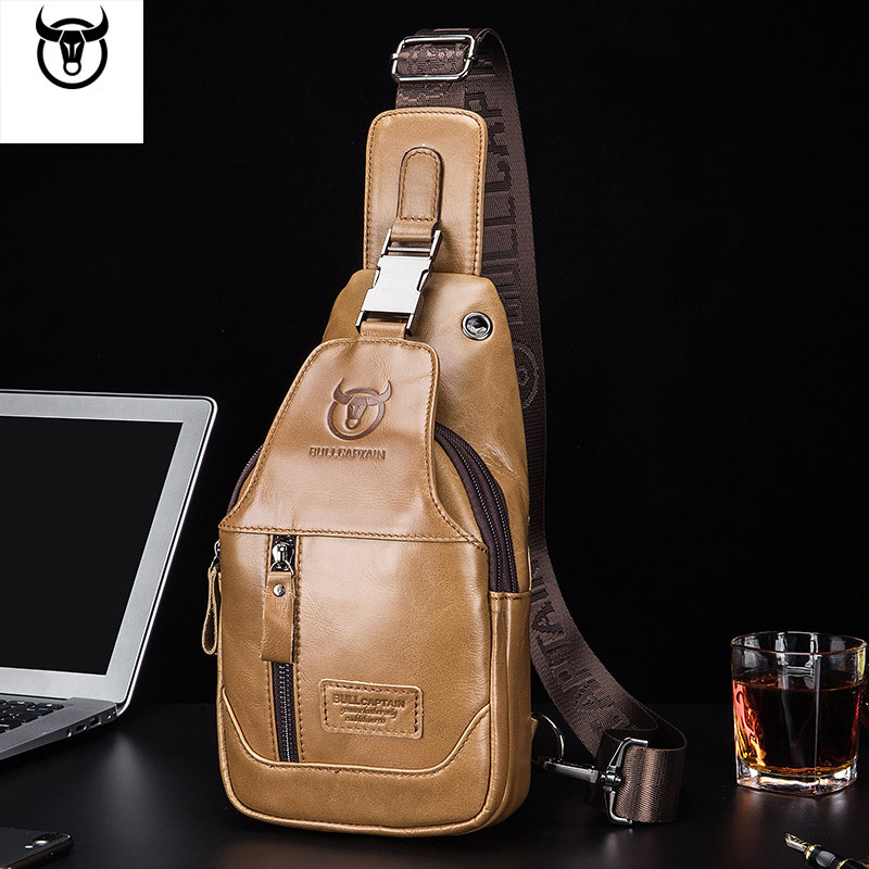 BULLCAPTAIN Herren-Brusttasche aus echtem Leder, modische Umhängetasche mit Botschaft
