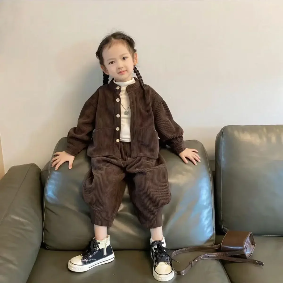 Conjunto de pana coreana con cuello levantado para niños y niñas, Top con una botonadura y pantalones, conjunto informal de dos piezas para primavera y otoño
