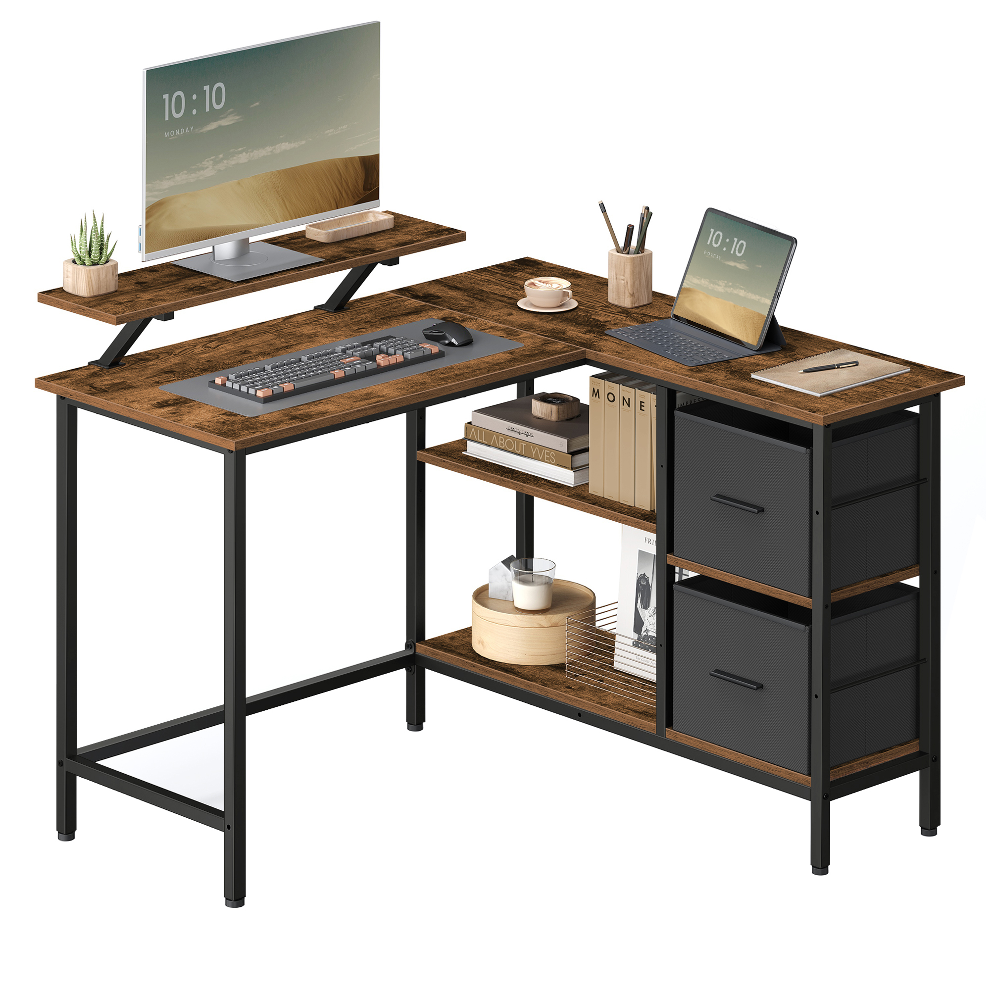 VASAGLE L-Shaped Desk with 2 Spacious Drawers, Gaming Desk with Monitor Stand, Corner Desk, Computer Desk, 115x105x89cm