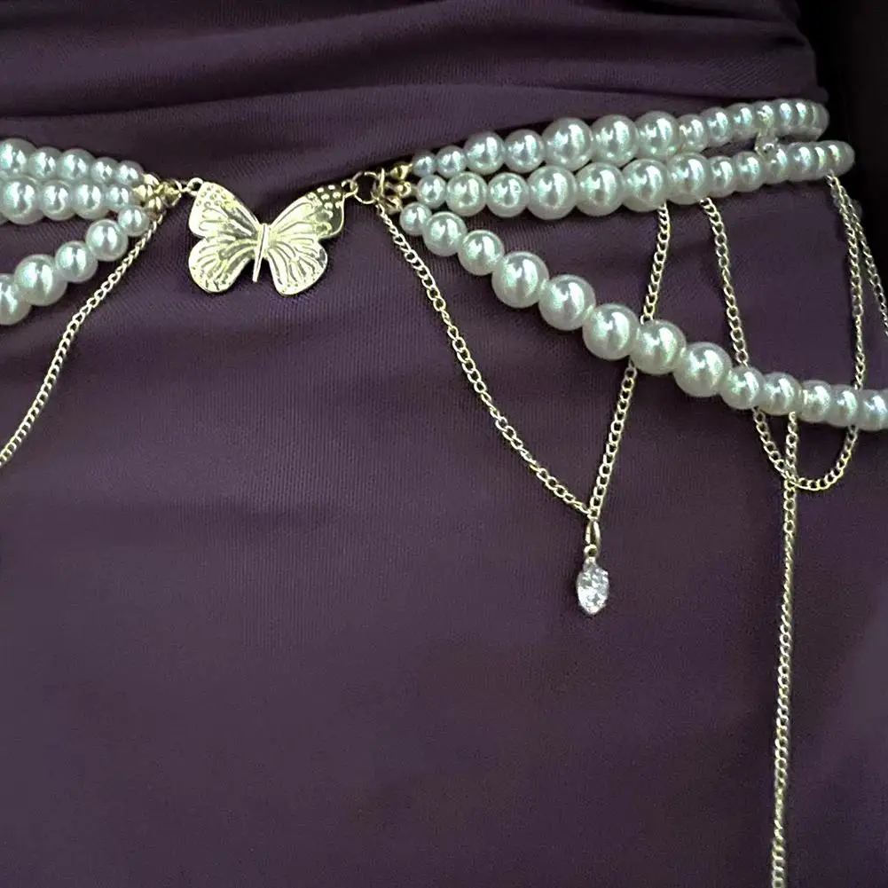 Cinturón de cadena de cintura con perlas multicapa Retro Y2K para mujer, accesorios de joyería para el cuerpo con estilo para fiesta y ropa informal