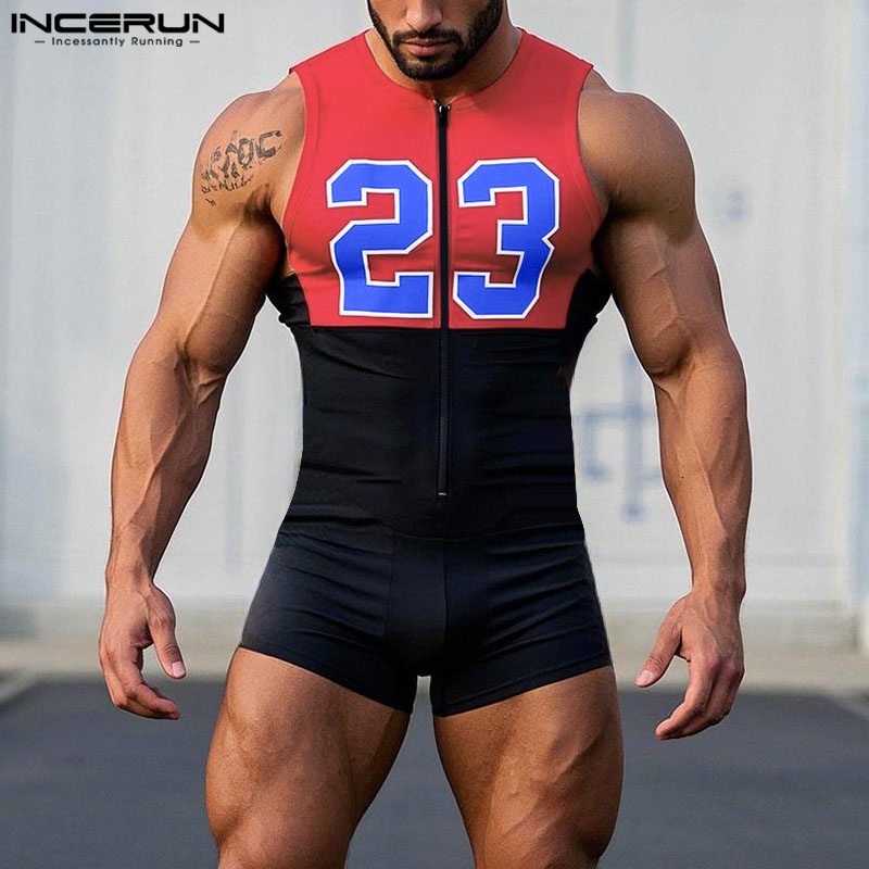 INCERUN Männer Bodys Druck Patchwork Zipper Dünne Playsuits Ärmellose Männliche Strampler 2025, Workout Body Männer Streetwear