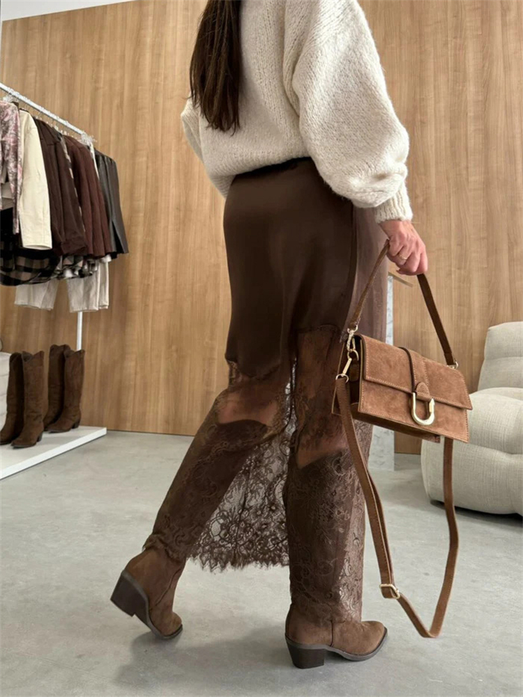 Trendix mulheres retalhos saias de renda 2025 nova cintura alta magro oco para fora maxi saias outono marrom moda festa clube boho saia