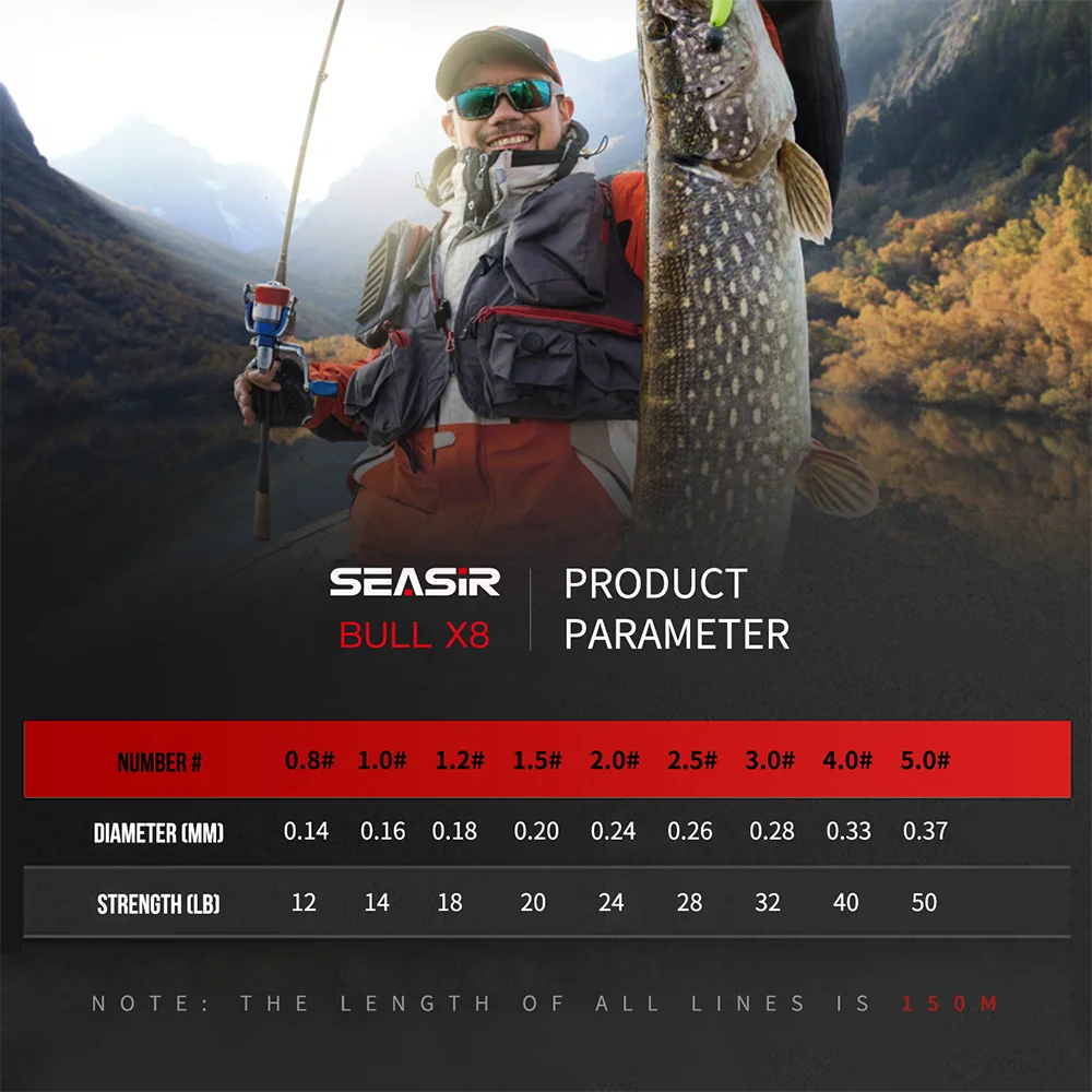 Seasir redbull 8 trançado pe linha de pesca 150m 0.8-5.0 12-50lb japão qualidade multifilamento fios de alta resistência linha principal