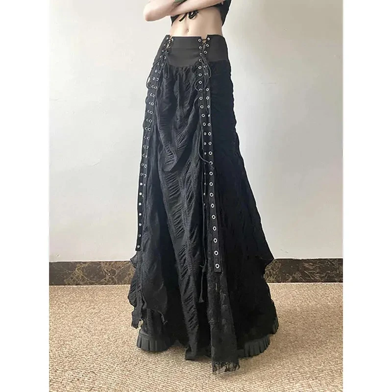 MEXZT Y2K Falda larga de malla de encaje para mujer, Faldas negras estilo vendaje de retazos Vintage Harajuku, Faldas elegantes de cintura alta de estética gótica, novedad
