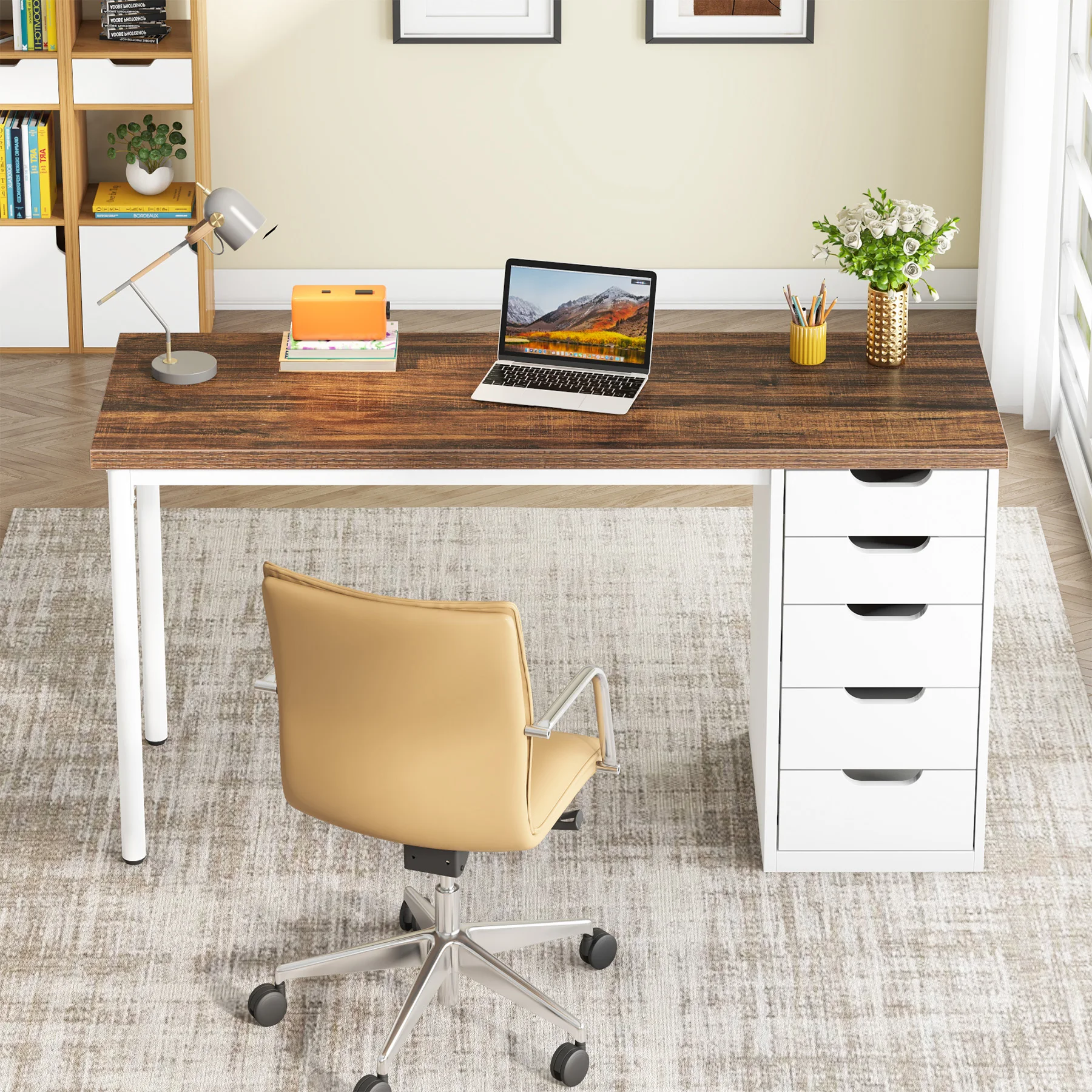 Tribesigns Computer Desk with 5 Drawers, 47 inches Rustic Brown Home Office Desk with Storage, Modern Simple Laptop Desk Study W