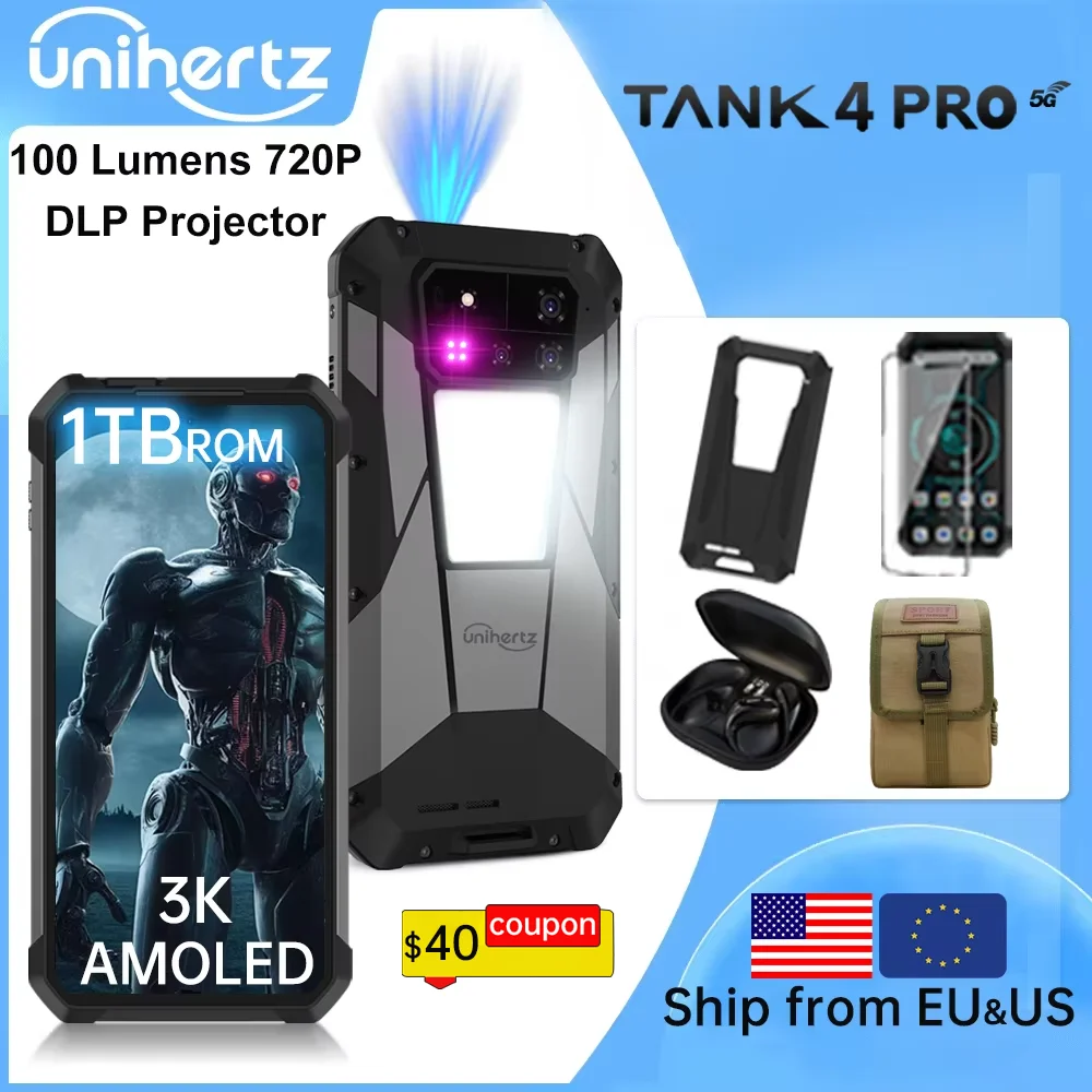 【Weltpremiere】Unihertz by 8849 Tank 4 Pro Smartphone 5G mit 720P Projektor Abmessung 8300 36 GB + 1 TB Mobiltelefon 3K AMOLED