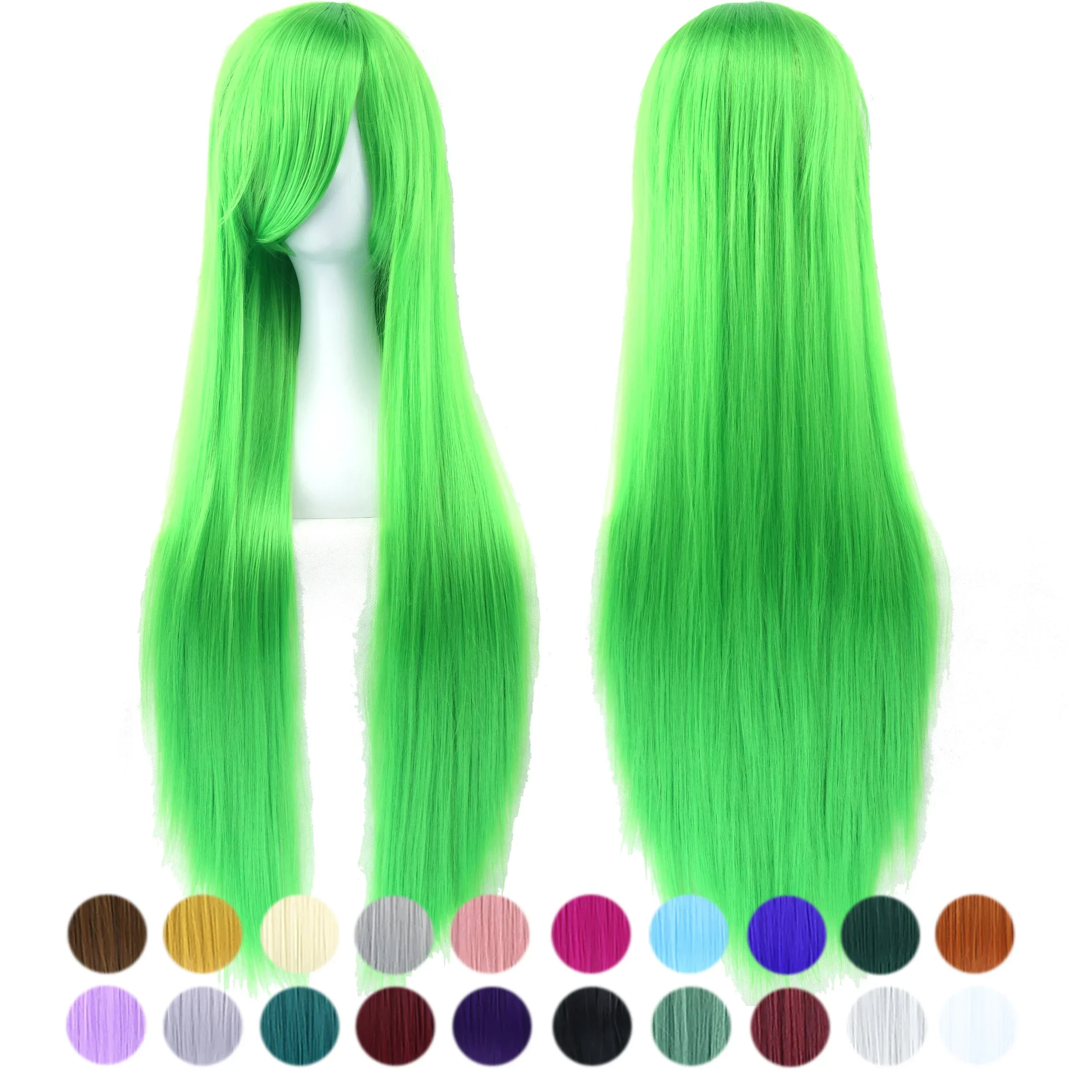 Peluca de cosplay de pelo sintético liso verde manzana de 80 cm de largo con flequillo Pelucas de disfraz de Halloween para mujeres