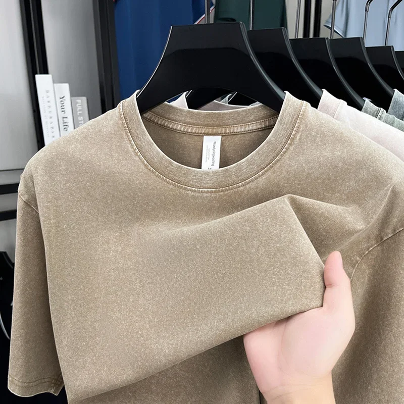 アメリカンスタイルのレトロなヘビーウェイト無地半袖 Tシャツ男性女性夏のストリートトレンディな洗浄古い特大服