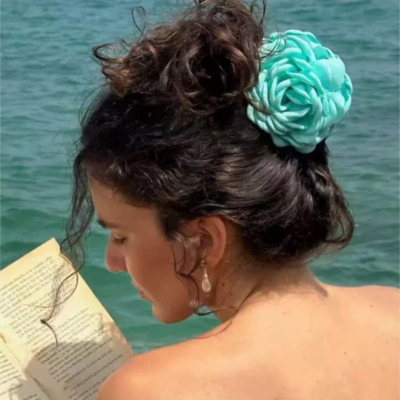 Grampo de cabelo tridimensional de alta qualidade com flor rosa estilo férias à beira-mar para mulheres