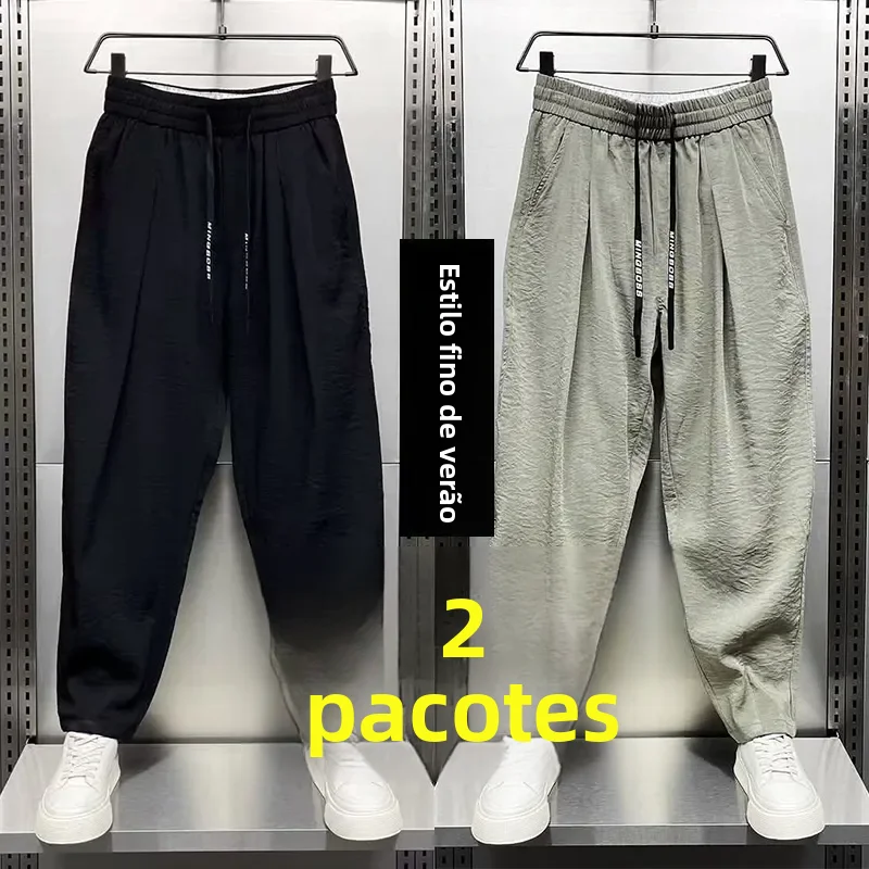 Calças Casuais de Seda Gelada para Mulheres, Verão, Psadas, Harem, Soltas, Secagem Rápida, Calças Retas Respiráveis, Estil...