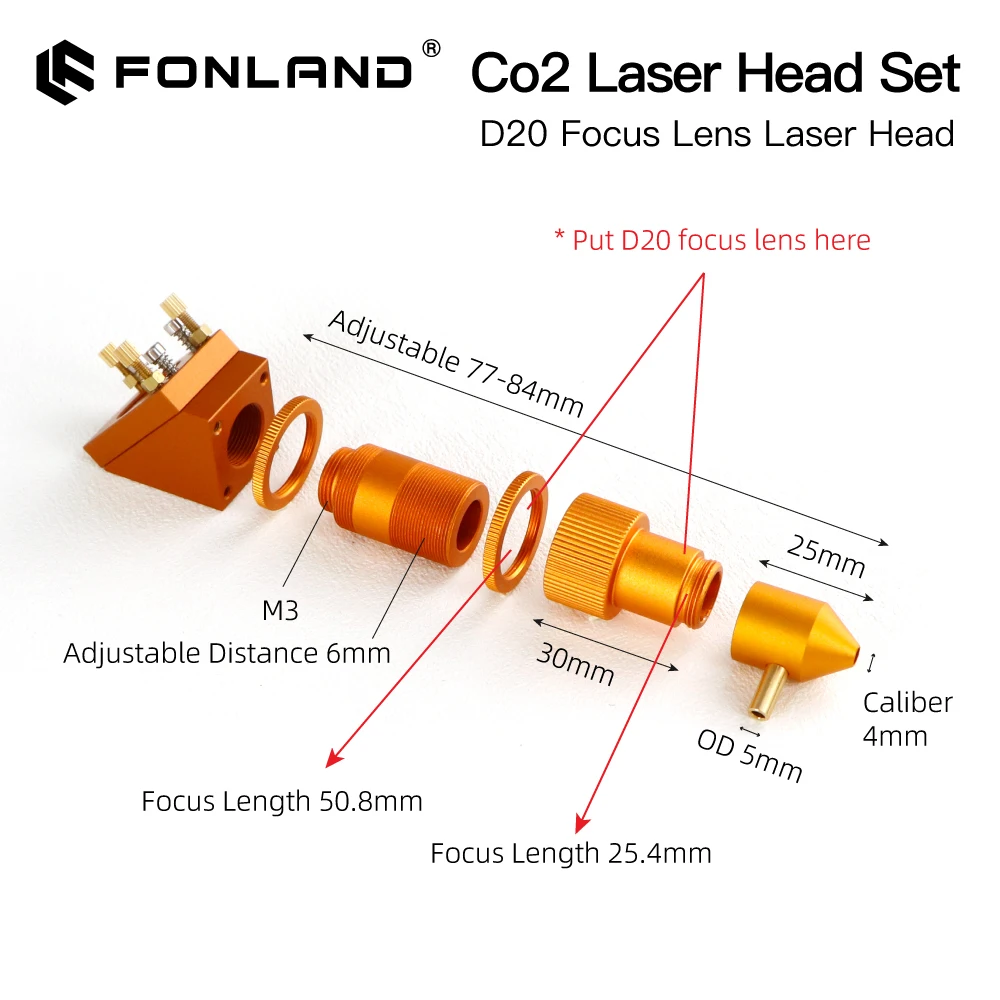 FONLAND K Series CO2 Laser Head Set New Style D12 20mm FL25.4 50.8mm Lens for 2030 4060 K40 Laser Engraving Cutting Machine