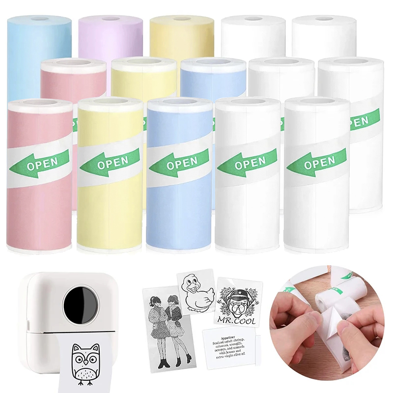 Mini impresora de 5 rollos de papel térmico, etiqueta adhesiva, papel de impresión térmica autoadhesivo colorido, impresión sin tinta para imagen fotográfica