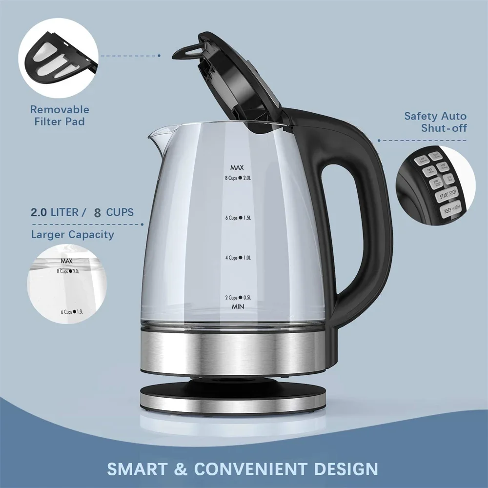 DEVISIB 2.0L Electric Glass Kettle 2200W with Temperature Control 4-Hour Keep Warm Auto-Off Boil-Dry Protection for Coffee & Tea