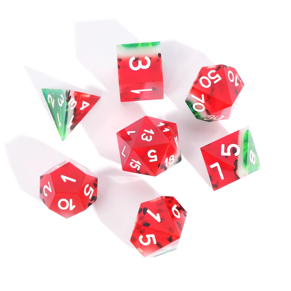 Juego de dados de resina con caja, serie sandía, juego de gato lechero, dados D & D, dados DND con borde afilado, dados poliédricos, mazmorras y dragones, 1-7 Uds.