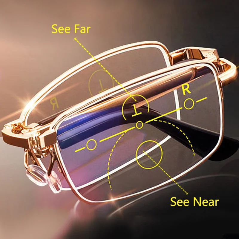 Gafas de lectura plegables, gafas biofocales progresivas portátiles, gafas para presbicia antirayos azules para padres con Funda de cuero