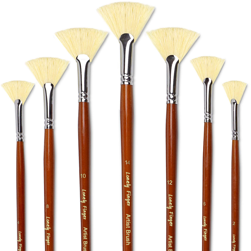 7/14Pcs Artist Fan Paint Brush, White Hog Bristle Natural Hair Anti-Shedding Brush Tips, Long Handle for Acrylic Oil Painting