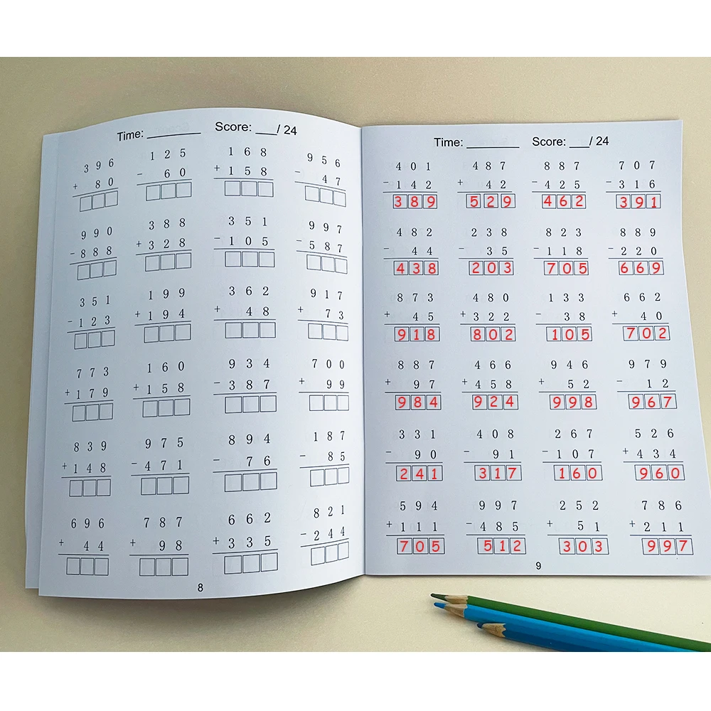 Three Digit Math Practice Worksheets for 2nd Graders, and 3rd Grade, Addition and Subtraction Calculation Training Within 1000