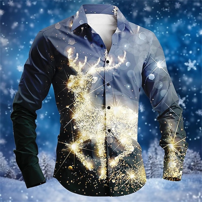 3D-gedruckte Weihnachtsschneeflocken, lässige Mode, bequemes Button-Down-Hemd, langärmliges Party-Hemd für Herren, Oberteil für Herren, Weihnachtsmann